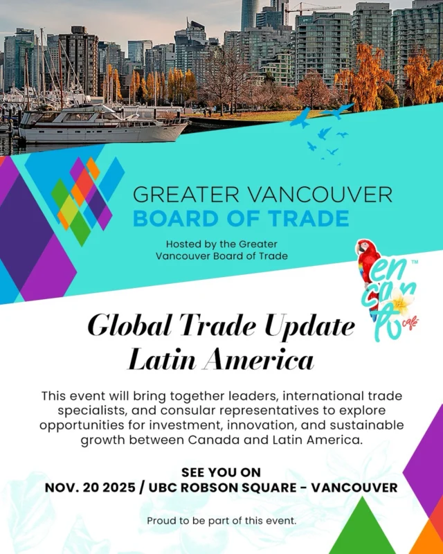🌎✨ Encanto Café will be present at the Global Trade Update – Latin America ✨🌎

We are proud to participate in this exclusive event organized by the World Trade Centre Vancouver, in collaboration with the Consulates of Latin American countries in Vancouver and the Province of British Columbia.

This session will bring together business leaders, trade experts, and consular representatives to explore new opportunities for investment, innovation, and sustainable growth between Canada and Latin America.

👥 A unique space to connect, learn, and build strategic partnerships.
☕ And of course, Encanto Café will be there, sharing the flavor, tradition, and quality of Latin specialty coffee.

📅 November  20 - 2025 / The University of British Columbia - UBC Robson Square 800 Robson St Vancouver.
The event will take place in Auditorium C300
Tickets: https://www.boardoftrade.com/events/8046

Join us as we help strengthen economic and trade ties between regions full of talent, vision, and potential.

#EncantoCafe #GlobalTradeUpdate #LatinAmerica #WTCVancouver