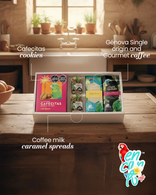 The Barranquero Gift Set is our way of sharing the most authentic flavours of Colombia’s coffee heartland, Café Quindío ✨

Inspired by the Barranquero, a vibrant bird native to Colombia 🐦💛, this gift set represents joy, warmth, and connection,  values that live in every coffee moment we create.

Inside, you’ll discover carefully curated coffees and coffee-inspired treats:
🔹(1) Gourmet Coffee – 80 g
A smooth, well-balanced Colombian coffee, ideal for everyday brewing.
🔸 (1)Génova Single-Origin Coffee – 80 g
A distinctive coffee from the Génova region, offering a more expressive and refined flavour profile.
🔹(2) Coffee Milk Caramel Spread (Dulce de Leche with Coffee) – 40 g each
A creamy, indulgent spread infused with Colombian coffee, perfect for toast, desserts, or pairing with coffee.
🔹(1) Cafecitas Coffee Cookies – 70 g
Delicate cookies with subtle coffee notes, made to complement your cup.

A warm and elegant gift that turns Colombian coffee into a shared experience.